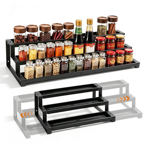 3-Tier Spice Rack Organizer for Kitchen Cabinet or Pantry, 14.5"-26.2" Expandable Metal Spice Shelf, Seasoning Organizer with Guardrails for Jars