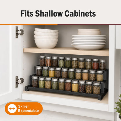 3-Tier Spice Rack Organizer for Kitchen Cabinet or Pantry, 14.5"-26.2" Expandable Metal Spice Shelf, Seasoning Organizer with Guardrails for Jars