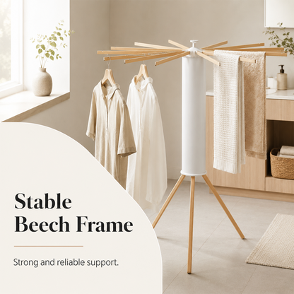 Tripod Clothes Drying Rack, Foldable Wooden Garment Rack, Portable Space Saving Floor Laundry Stand for Bedroom and Balcony Use