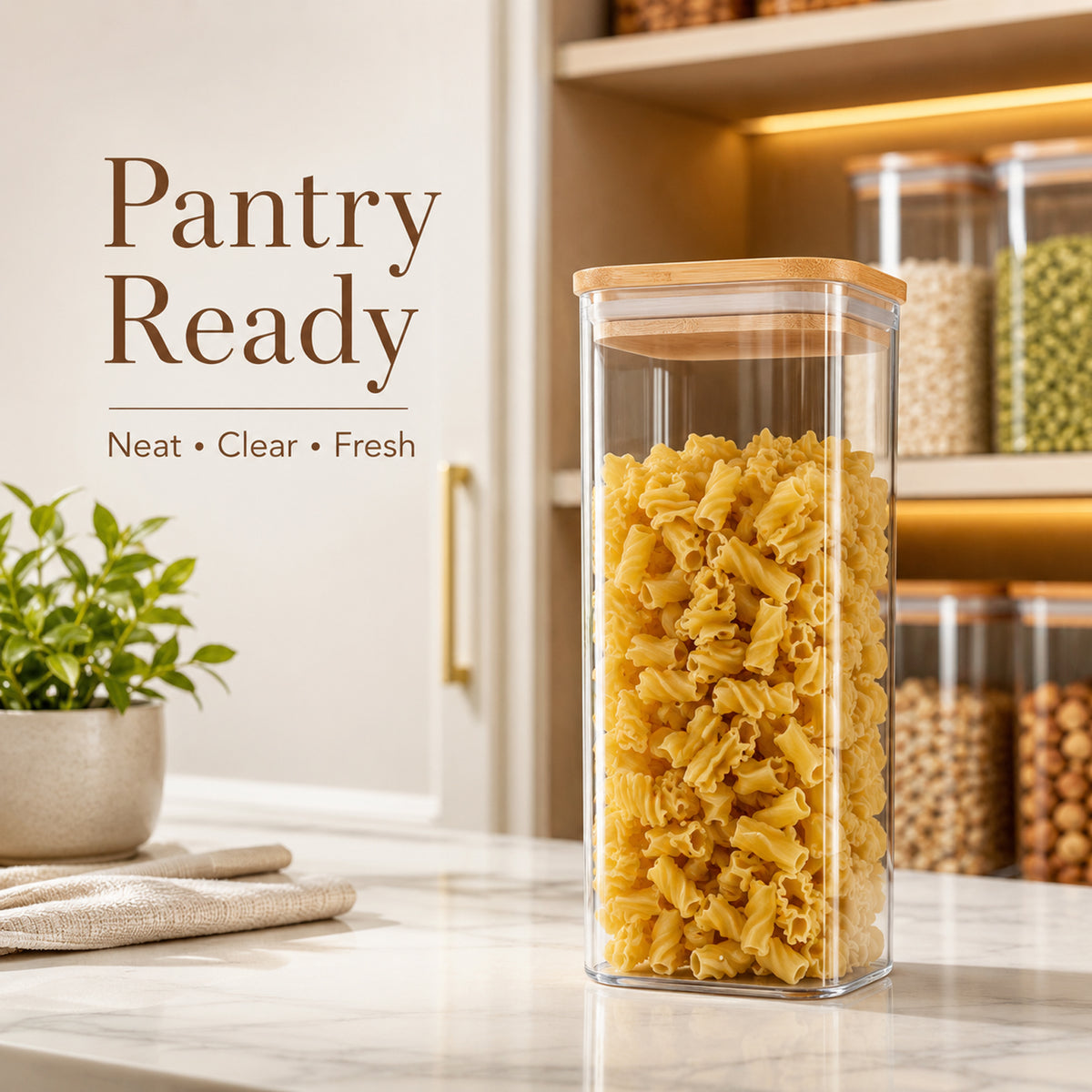 Glass Spaghetti Pasta Storage Containers, 3 Pack 2.2Qt Square Airtight Glass Jars, Clear Sealed Canisters for Flour Cereal Beans Pantry Organization