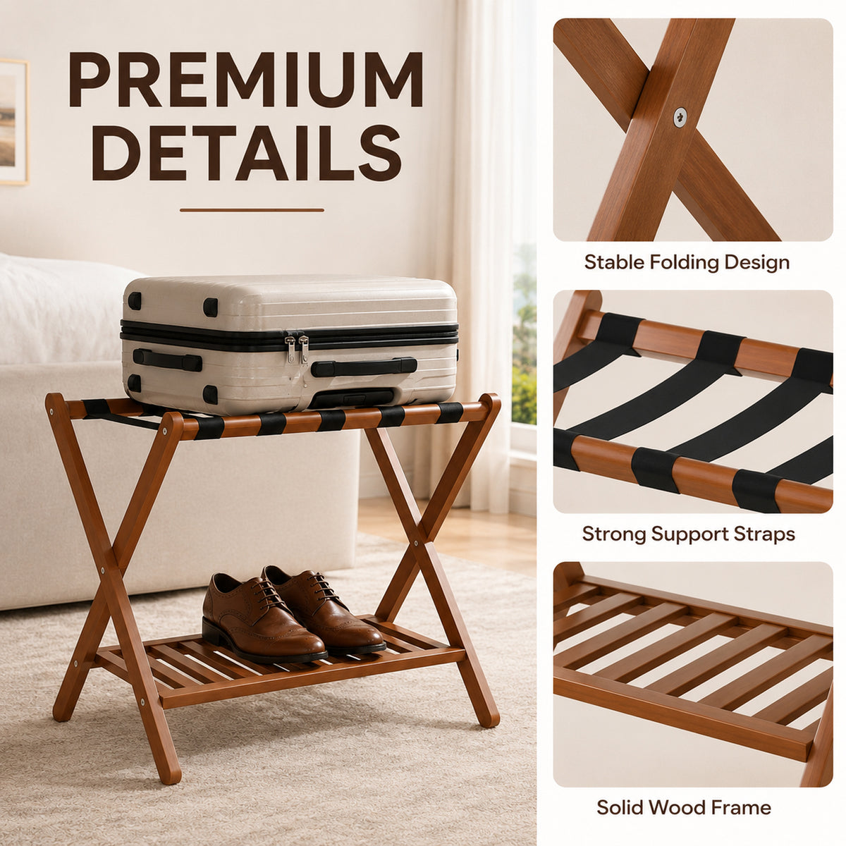 Luggage Racks Suitcase Stand Foldable With Storage Shelf For Guest Room Hotel Essentials Solid Bamboo Heavy-Duty Item Holder