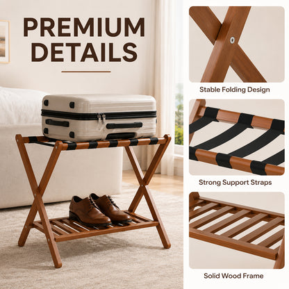 Luggage Racks Suitcase Stand Foldable With Storage Shelf For Guest Room Hotel Essentials Solid Bamboo Heavy-Duty Item Holder