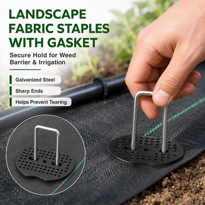 50 Pcs Garden Stakes Landscape Staples Set, 6 Inch 11 Gauge Heavy Duty Galvanized U-Shaped Pins with 50 Gaskets for Weed Barrier Fabric, Grass Sod, Artificial Turf & Yard Landscape, Weed Barrier