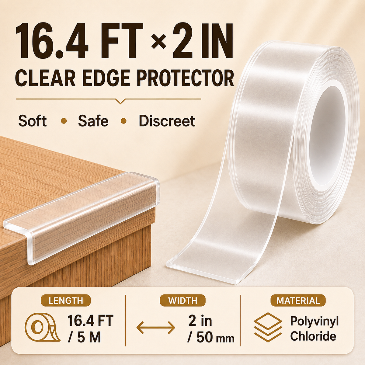 16.4 FT Clear Edge Protection Tape, 2 in Wide Soft PVC Self-Adhesive Furniture Edge Guard Tape for Tables and Baby Proofing