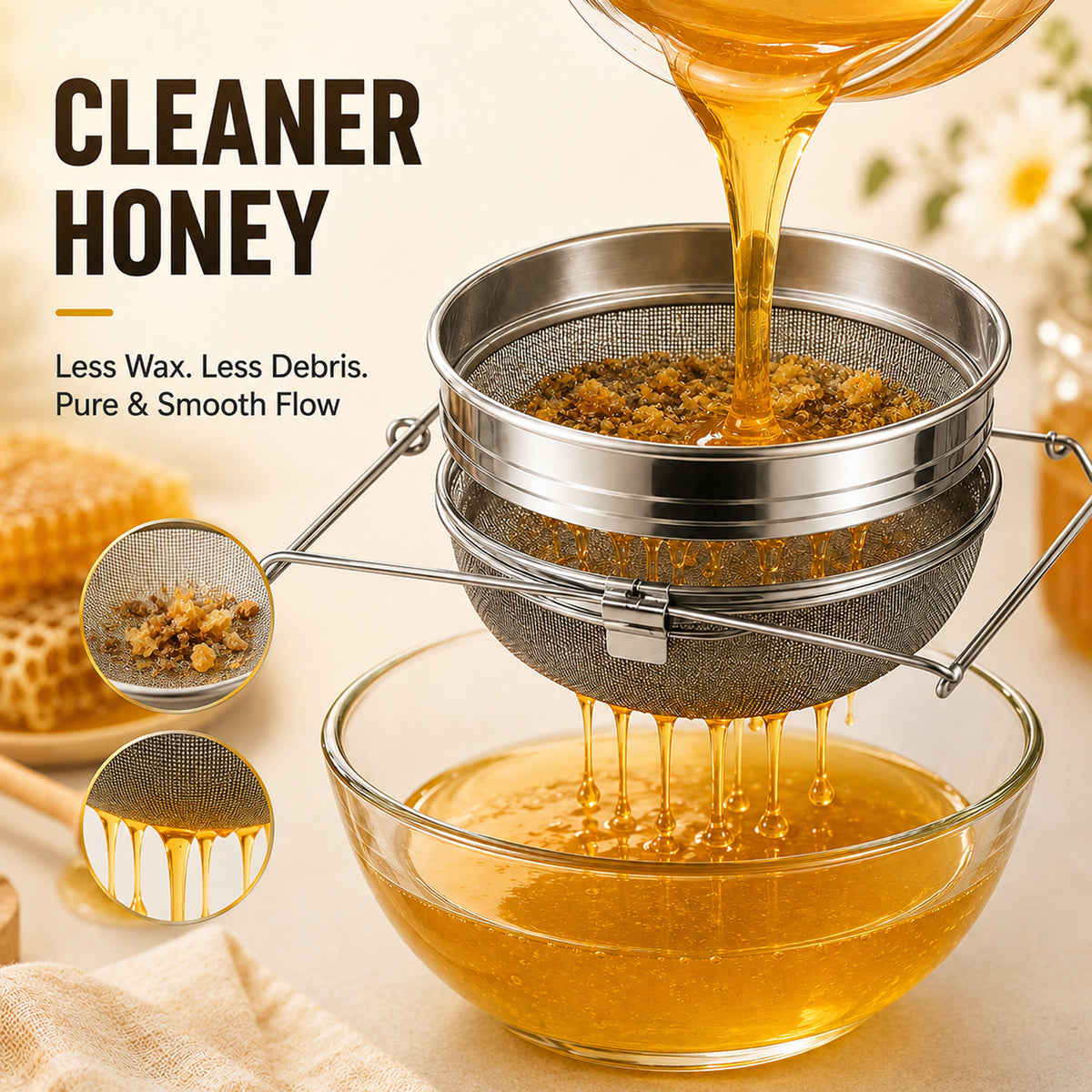 Stainless Steel Honey Filter Strainer, Double Sieve Honey Extractor Equipment for 5 Gallon Bucket, Beekeeping Supplies Metal Strainer