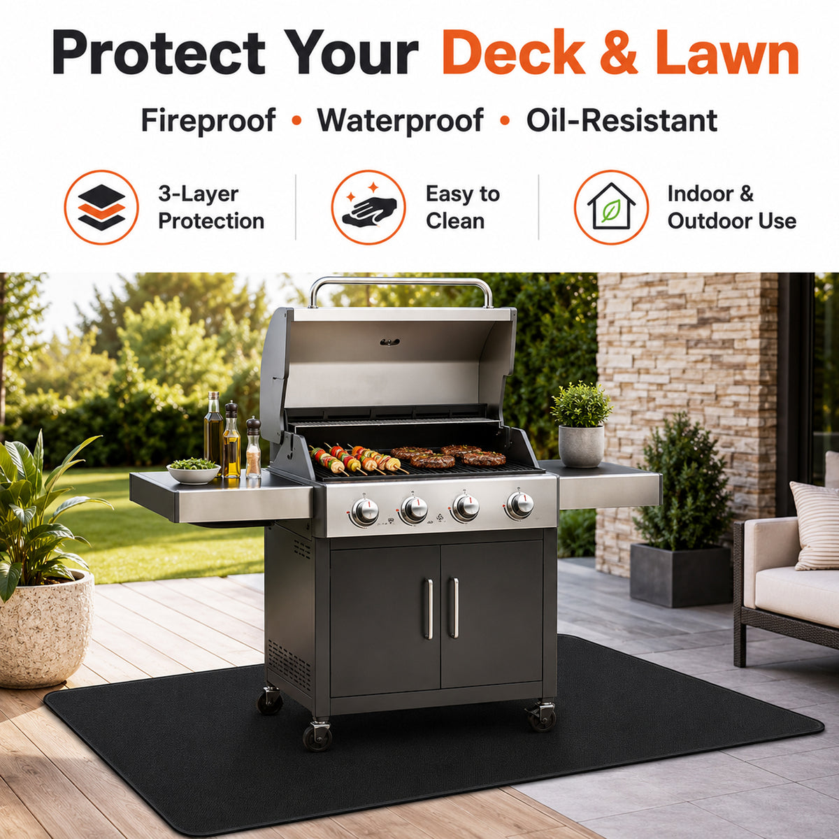 60x40 Inch Large Grill Protection Mat, Dual Sided Water & Oil Counteractive Heat Insulated Floor Pad, Anti-Scratch Ground Cover for Outdoor Backyard Barbecue, Indoor Fire Pit and Fireplace Use