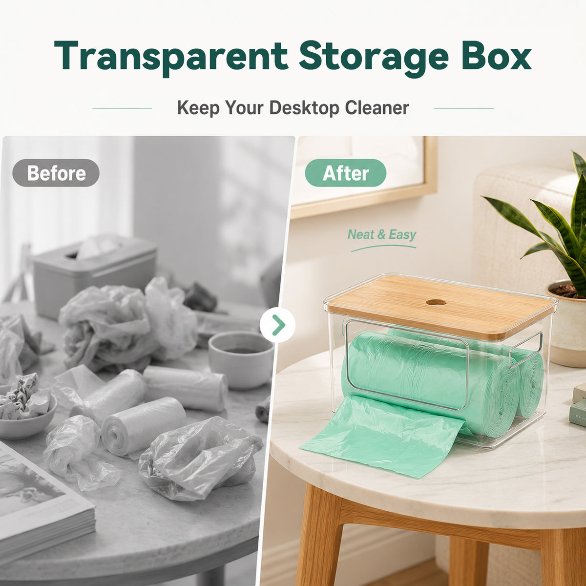 Trash Bag Holder with Bamboo Lid, Stackable Storage for Laundry Room Organization, Extra Large Garbage Bag Dispenser, Under Sink Pantry Organizer