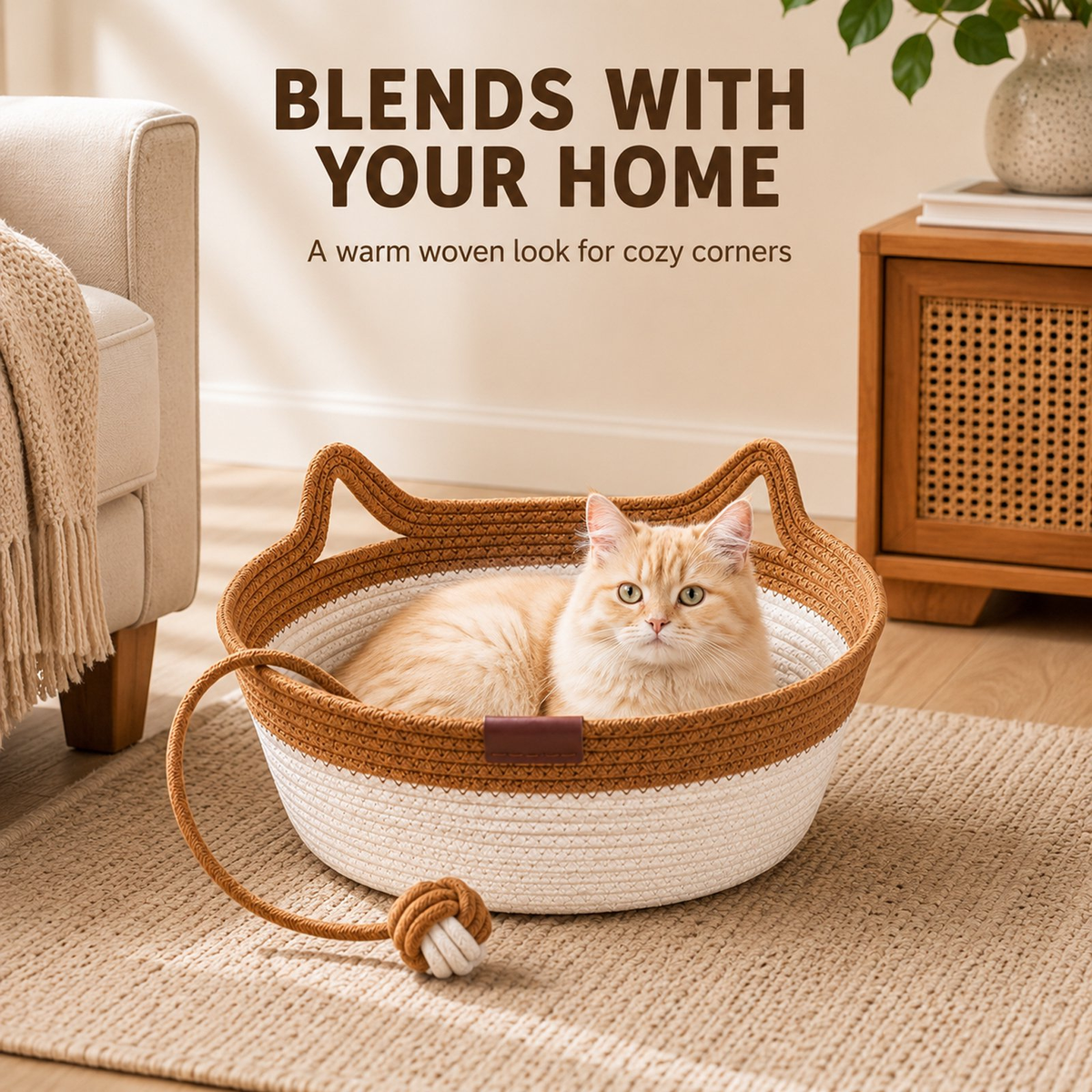 Large Round Cat Bed, Natural Wicker Cat Basket with Scratcher, Cozy Elevated Kitty Hammock for Indoor Cats, Pet Furniture