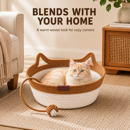 Large Round Cat Bed, Natural Wicker Cat Basket with Scratcher, Cozy Elevated Kitty Hammock for Indoor Cats, Pet Furniture