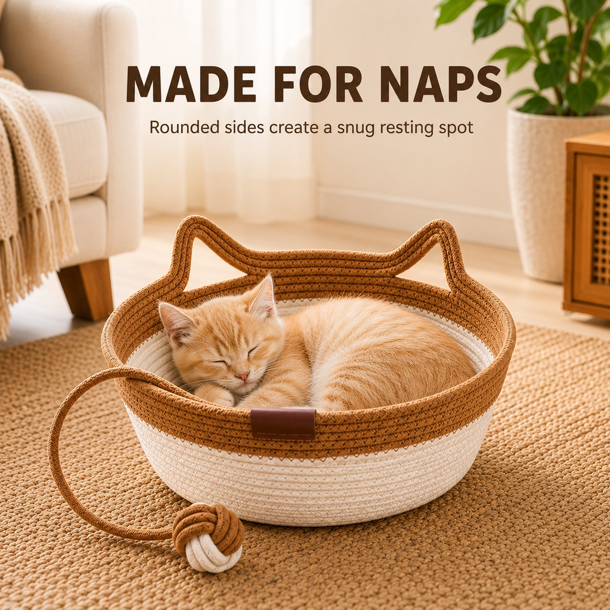 Large Round Cat Bed, Natural Wicker Cat Basket with Scratcher, Cozy Elevated Kitty Hammock for Indoor Cats, Pet Furniture