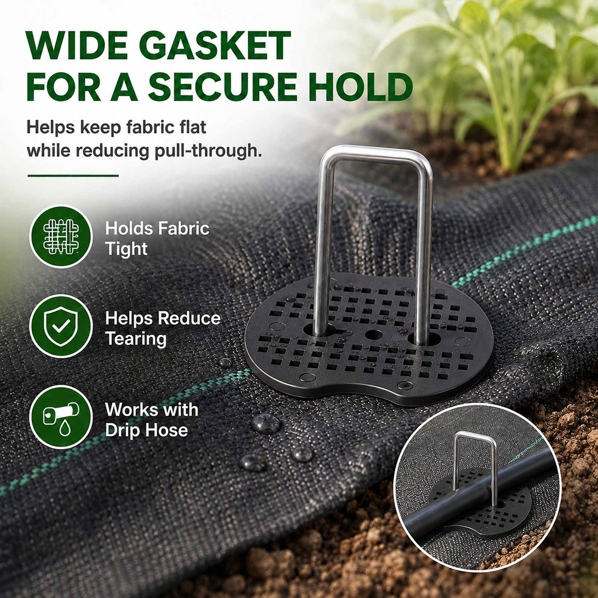 50 Pcs Garden Stakes Landscape Staples Set, 6 Inch 11 Gauge Heavy Duty Galvanized U-Shaped Pins with 50 Gaskets for Weed Barrier Fabric, Grass Sod, Artificial Turf & Yard Landscape, Weed Barrier