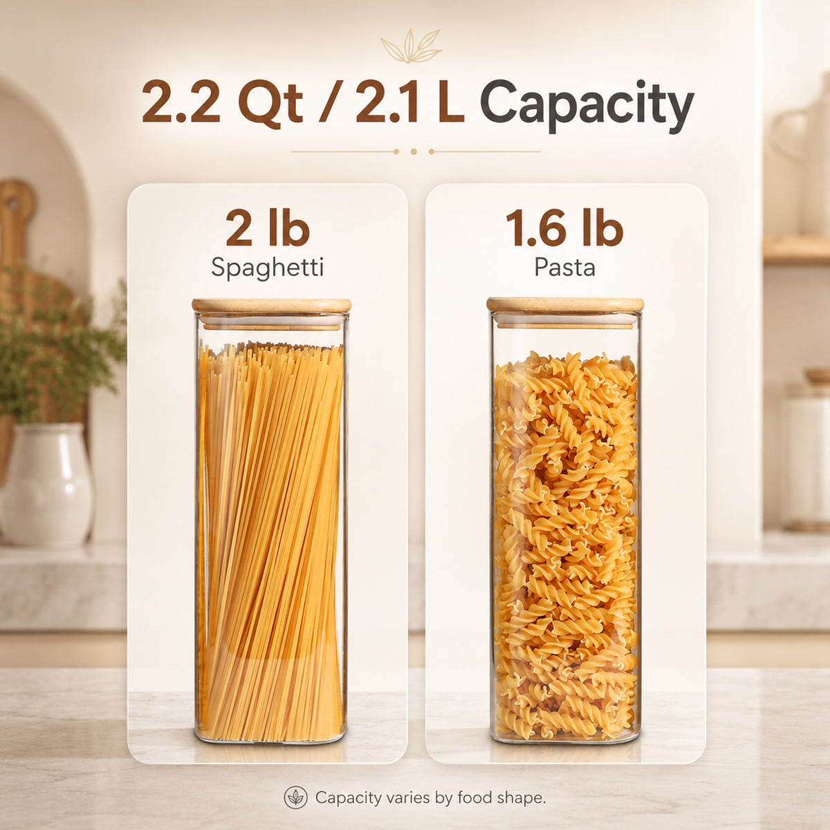 Glass Spaghetti Pasta Storage Containers, 3 Pack 2.2Qt Square Airtight Glass Jars, Clear Sealed Canisters for Flour Cereal Beans Pantry Organization