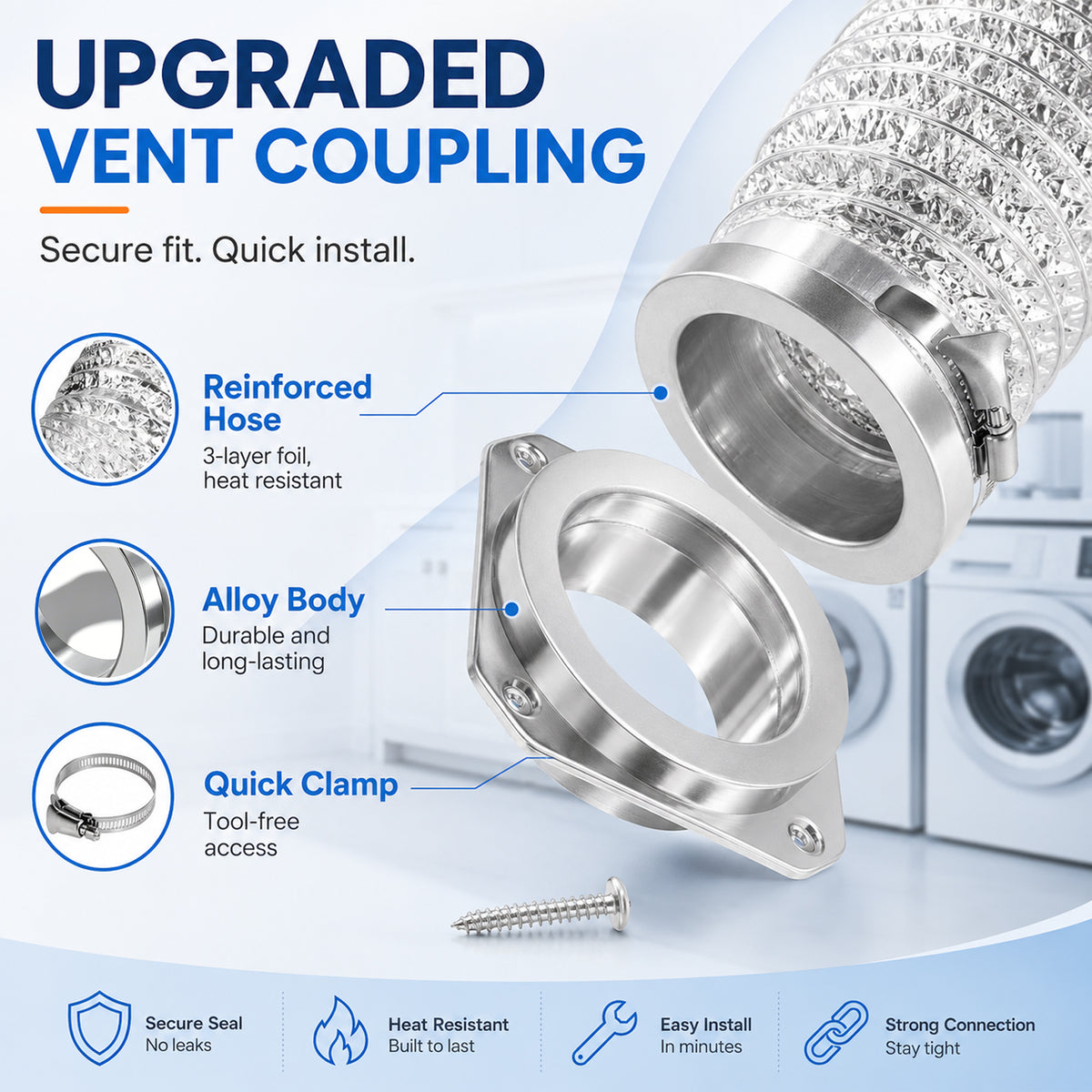 Magnetic Dryer Vent Connector, 180 Degree Wall Mount Exhaust Coupler, 4 Inch Carbon Steel Airtight Duct Adapter for Dryer Vent System, Laundry Room Vent Fitting