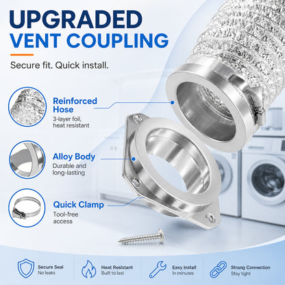 Magnetic Dryer Vent Connector, 180 Degree Wall Mount Exhaust Coupler, 4 Inch Carbon Steel Airtight Duct Adapter for Dryer Vent System, Laundry Room Vent Fitting