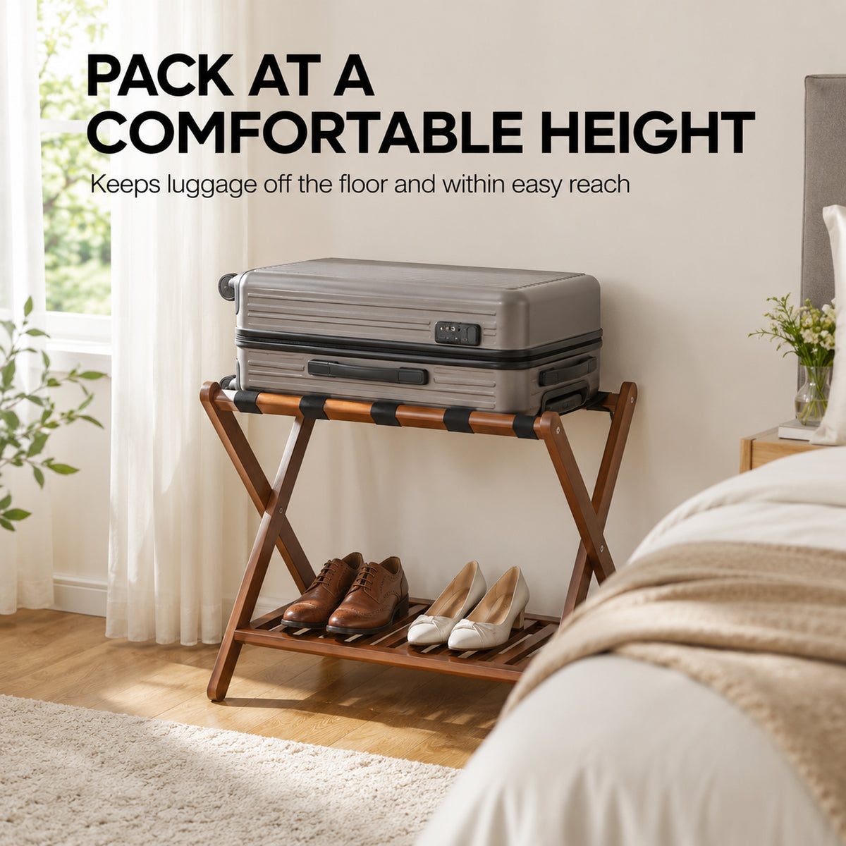 Luggage Racks Suitcase Stand Foldable With Storage Shelf For Guest Room Hotel Essentials Solid Bamboo Heavy-Duty Item Holder