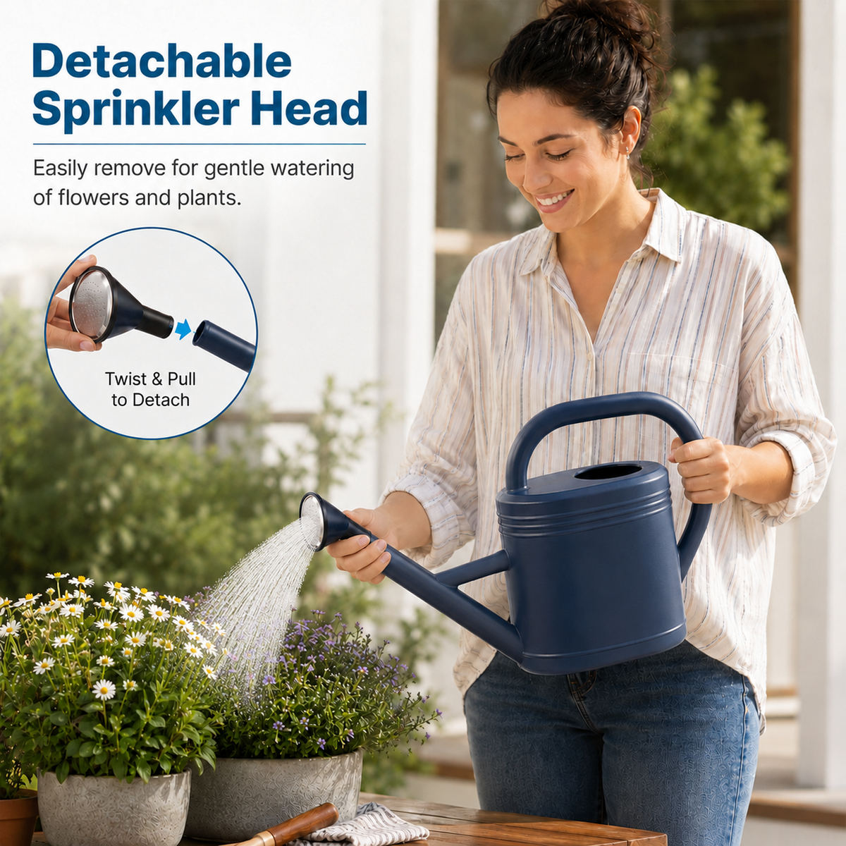 1 Gallon Watering Can for Indoor Plants, Plant Watering Can with Long Spout & Removable Sprinkler Head, Garden Watering Can for Outdoor Flowers, Houseplants & Patio, Blue
