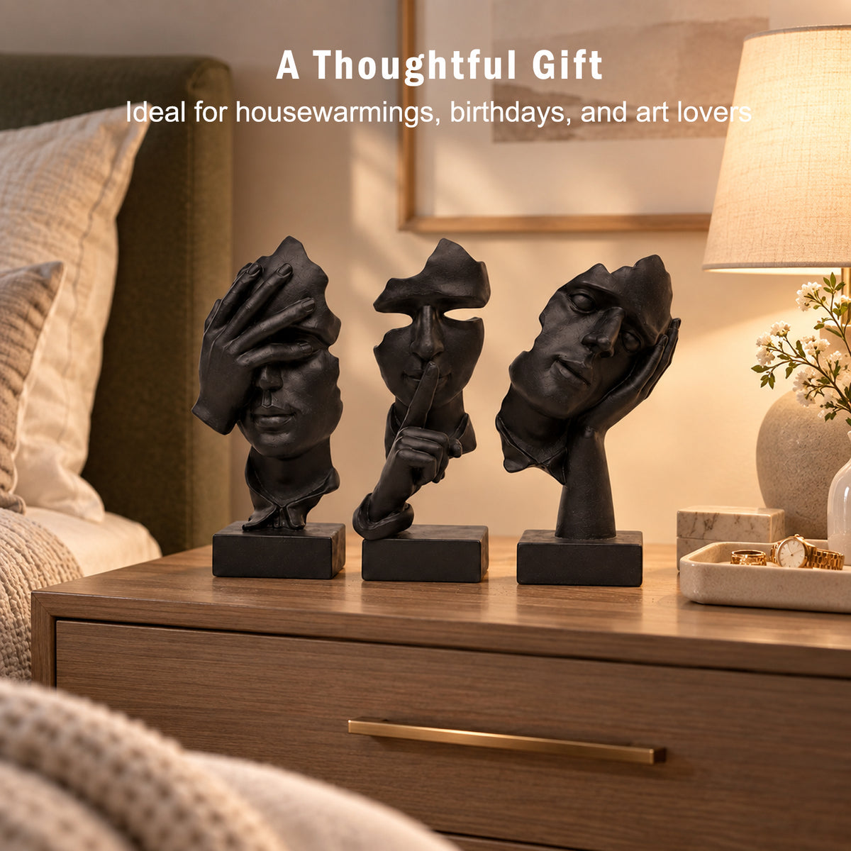 3 Pcs Thinker Statue, See No Evil Hear No Evil Speak No Evil Figurines, Abstract Resin Art Sculptures for Living Room, Home, Office, Study Decor, Silence is Gold Collection