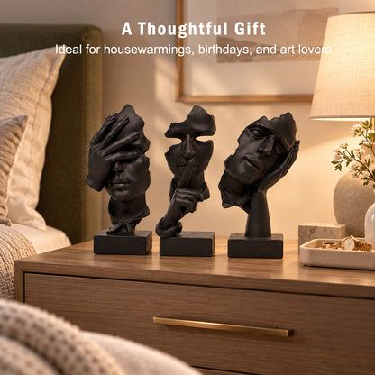 3 Pcs Thinker Statue, See No Evil Hear No Evil Speak No Evil Figurines, Abstract Resin Art Sculptures for Living Room, Home, Office, Study Decor, Silence is Gold Collection