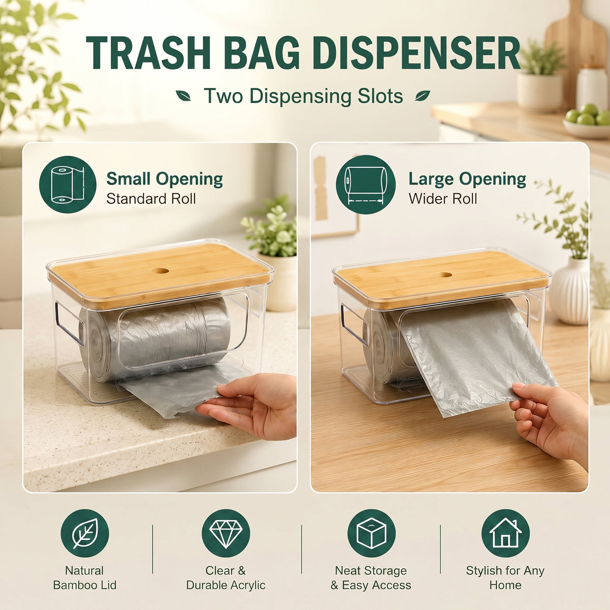 Trash Bag Holder with Bamboo Lid, Stackable Storage for Laundry Room Organization, Extra Large Garbage Bag Dispenser, Under Sink Pantry Organizer