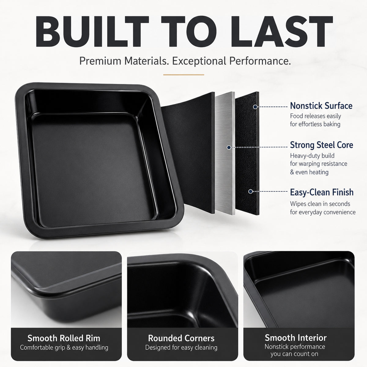 2-Pack 8-Inch Non-Stick Square Cake Pan, 8x8 Baking Pan for Cakes, Brownies & Lasagna, Dishwasher Safe & Oven Safe