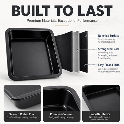 2-Pack 8-Inch Non-Stick Square Cake Pan, 8x8 Baking Pan for Cakes, Brownies & Lasagna, Dishwasher Safe & Oven Safe