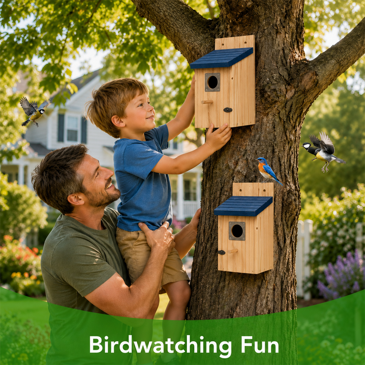 2 Pack Bird Houses for Outside, Wooden Cedar Bluebird Nesting Box with Copper Entrance Guard, Mountable Bird House for Tree, Garden, Patio &amp; Backyard, Easy Clean Shelter for Sparrows and Wild