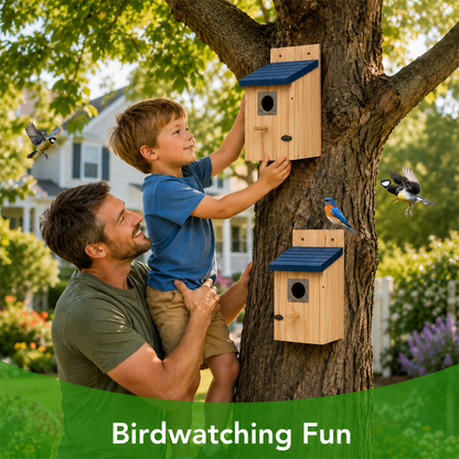 2 Pack Bird Houses for Outside, Wooden Cedar Bluebird Nesting Box with Copper Entrance Guard, Mountable Bird House for Tree, Garden, Patio &amp; Backyard, Easy Clean Shelter for Sparrows and Wild