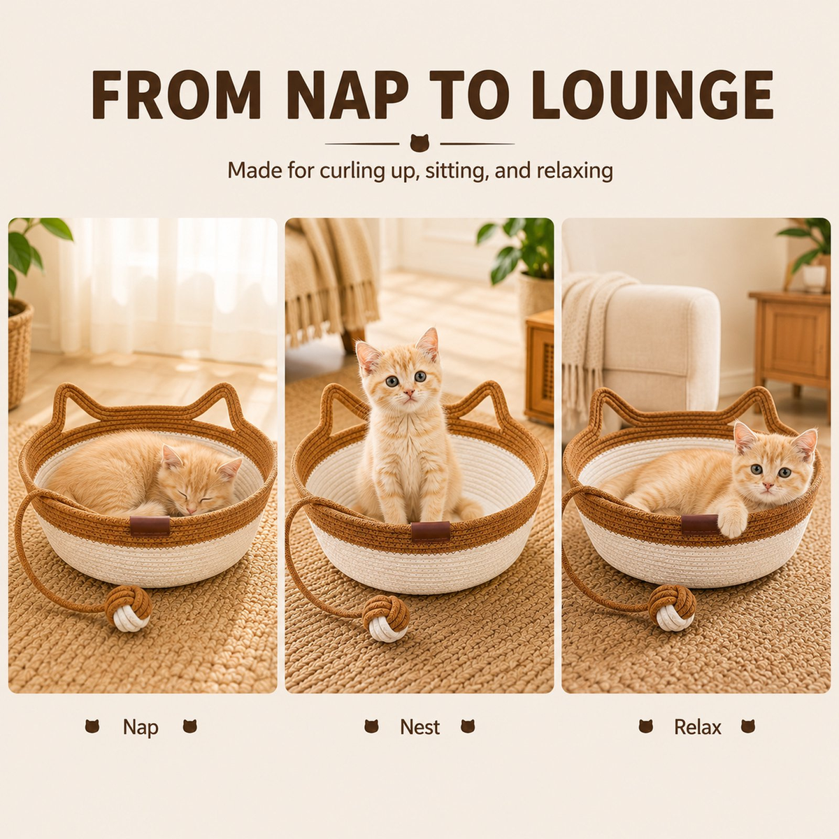 Large Round Cat Bed, Natural Wicker Cat Basket with Scratcher, Cozy Elevated Kitty Hammock for Indoor Cats, Pet Furniture