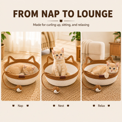Large Round Cat Bed, Natural Wicker Cat Basket with Scratcher, Cozy Elevated Kitty Hammock for Indoor Cats, Pet Furniture