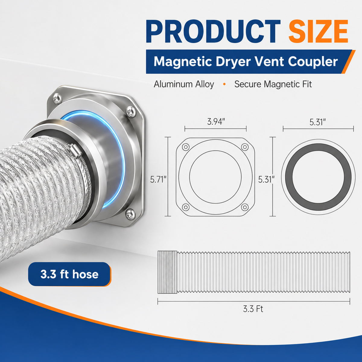 Magnetic Dryer Vent Connector, 180 Degree Wall Mount Exhaust Coupler, 4 Inch Carbon Steel Airtight Duct Adapter for Dryer Vent System, Laundry Room Vent Fitting