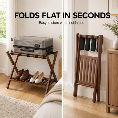 Luggage Racks Suitcase Stand Foldable With Storage Shelf For Guest Room Hotel Essentials Solid Bamboo Heavy-Duty Item Holder