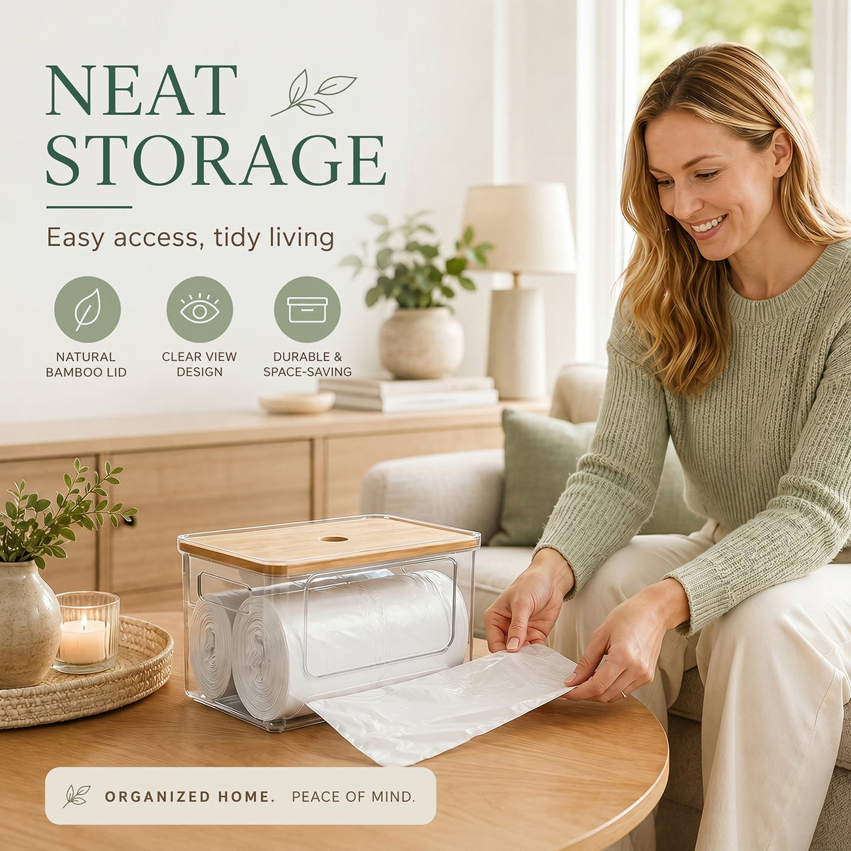 Trash Bag Holder with Bamboo Lid, Stackable Storage for Laundry Room Organization, Extra Large Garbage Bag Dispenser, Under Sink Pantry Organizer