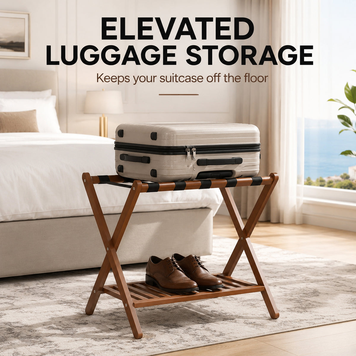 Luggage Racks Suitcase Stand Foldable With Storage Shelf For Guest Room Hotel Essentials Solid Bamboo Heavy-Duty Item Holder