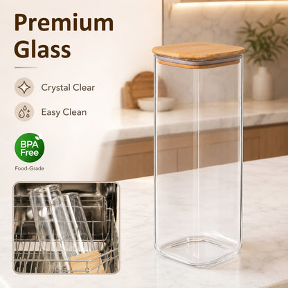 Glass Spaghetti Pasta Storage Containers, 3 Pack 2.2Qt Square Airtight Glass Jars, Clear Sealed Canisters for Flour Cereal Beans Pantry Organization