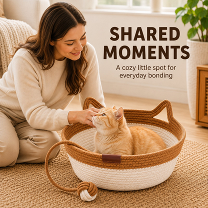 Large Round Cat Bed, Natural Wicker Cat Basket with Scratcher, Cozy Elevated Kitty Hammock for Indoor Cats, Pet Furniture