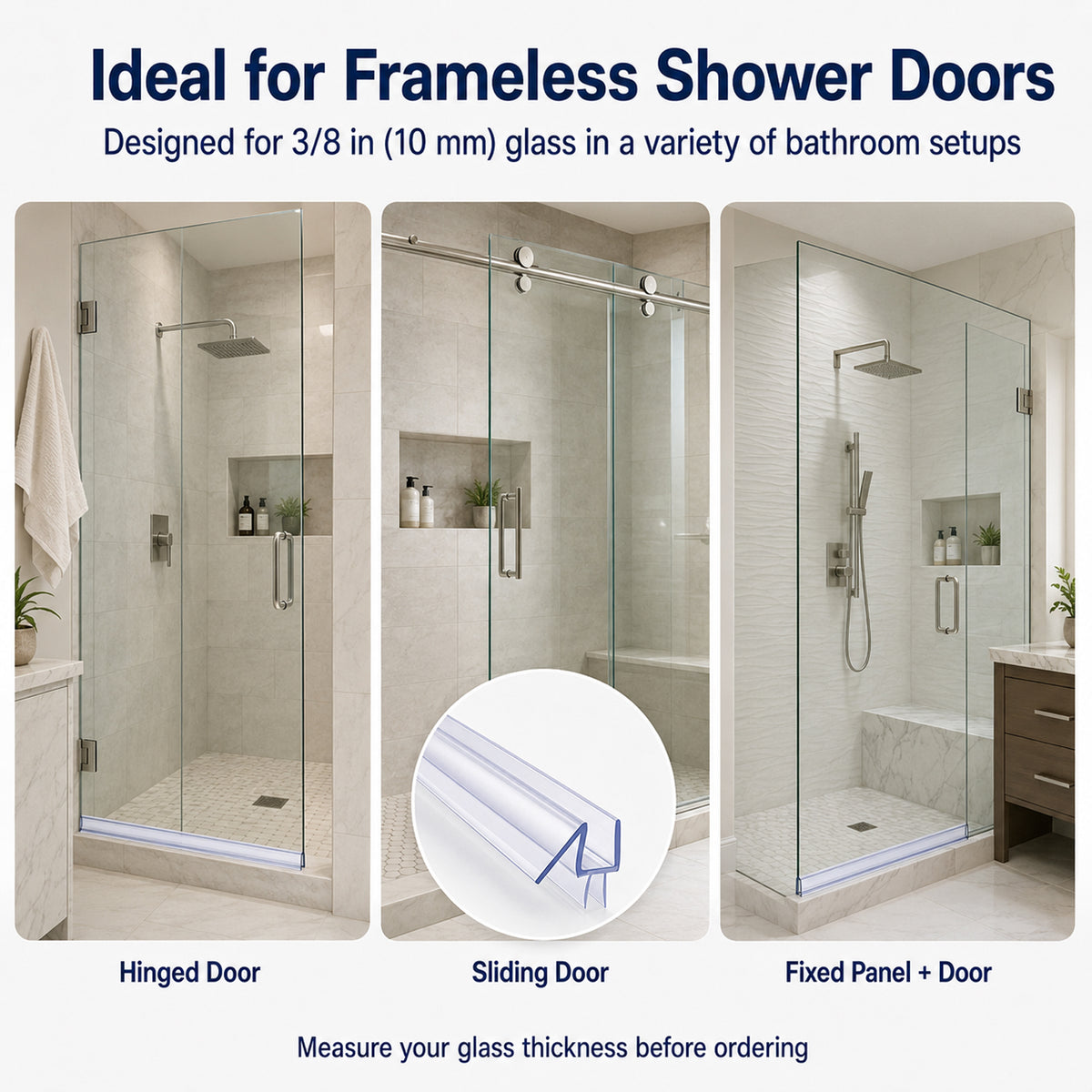 2-Pack Frameless Glass Shower Door Bottom Seal Strip, Effective Water Barrier Prevents Shower Water Leakage (3/8” x 39”)