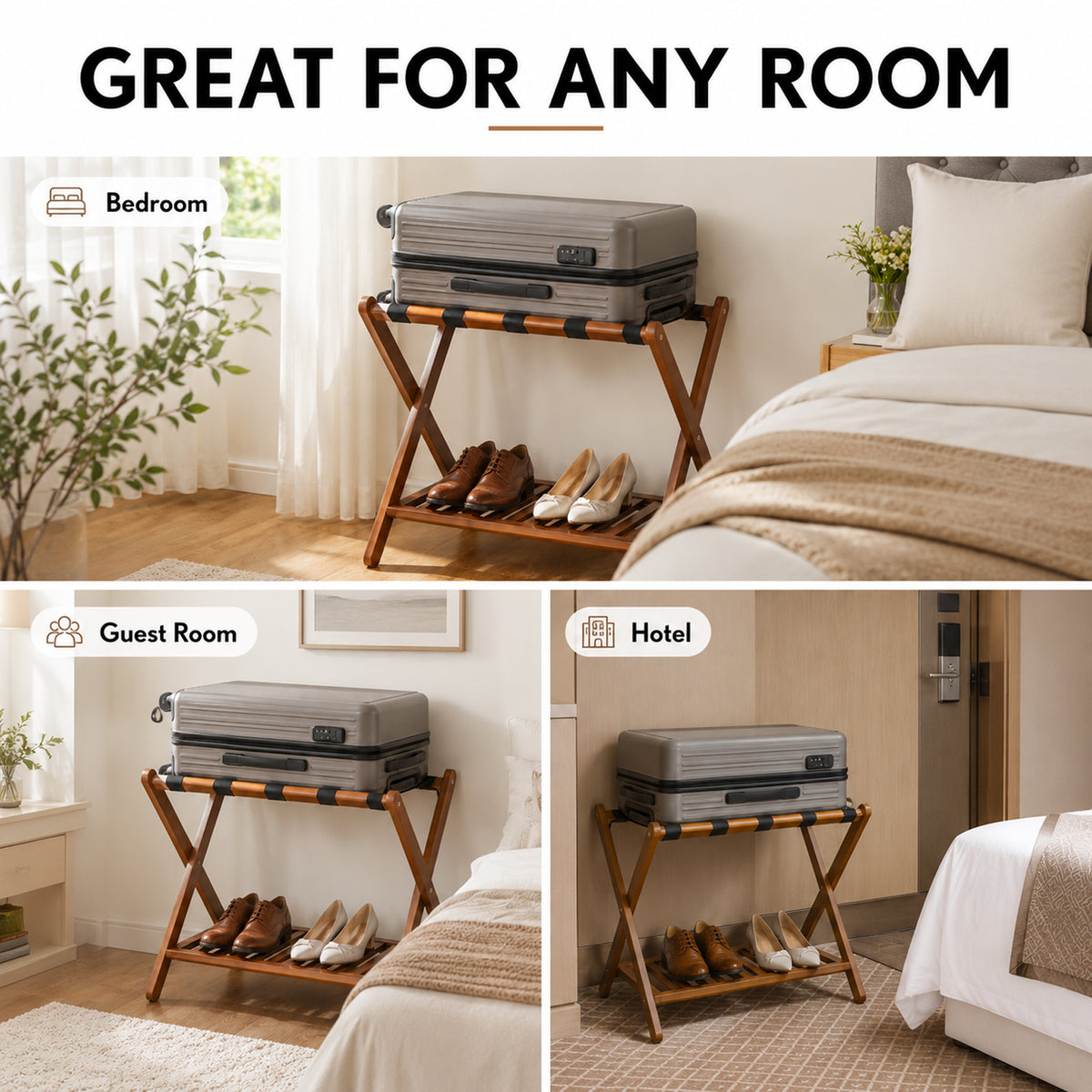 Luggage Racks Suitcase Stand Foldable With Storage Shelf For Guest Room Hotel Essentials Solid Bamboo Heavy-Duty Item Holder