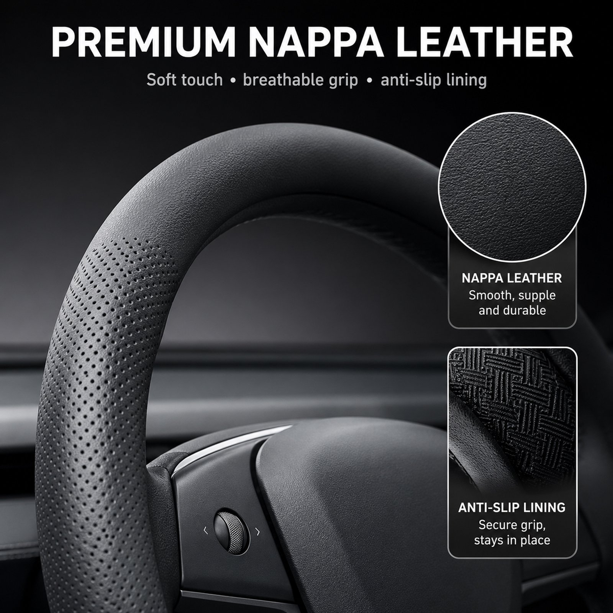 Nappa Leather Steering Wheel Cover Compatible with Tesla Model Y Accessories 2026 Juniper, Tesla Model 3 Accessories, Non-Slip Breathable Black Car Steering Wheel Cover, Y Protector
