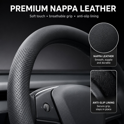 Nappa Leather Steering Wheel Cover Compatible with Tesla Model Y Accessories 2026 Juniper, Tesla Model 3 Accessories, Non-Slip Breathable Black Car Steering Wheel Cover, Y Protector