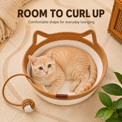 Large Round Cat Bed, Natural Wicker Cat Basket with Scratcher, Cozy Elevated Kitty Hammock for Indoor Cats, Pet Furniture