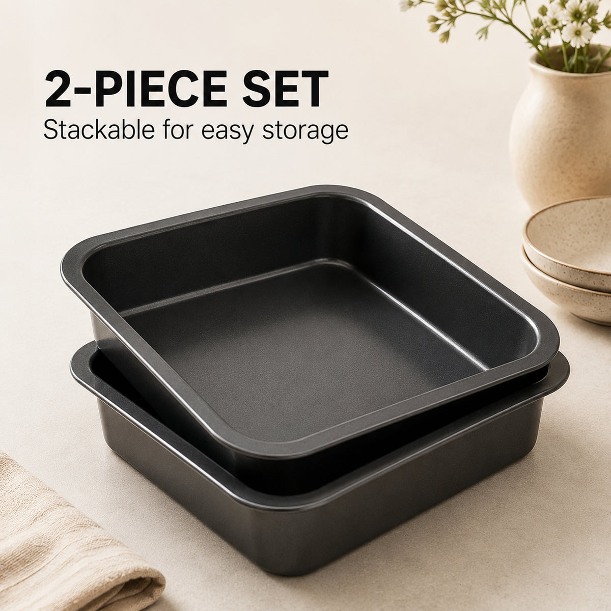 2-Pack 8-Inch Non-Stick Square Cake Pan, 8x8 Baking Pan for Cakes, Brownies & Lasagna, Dishwasher Safe & Oven Safe