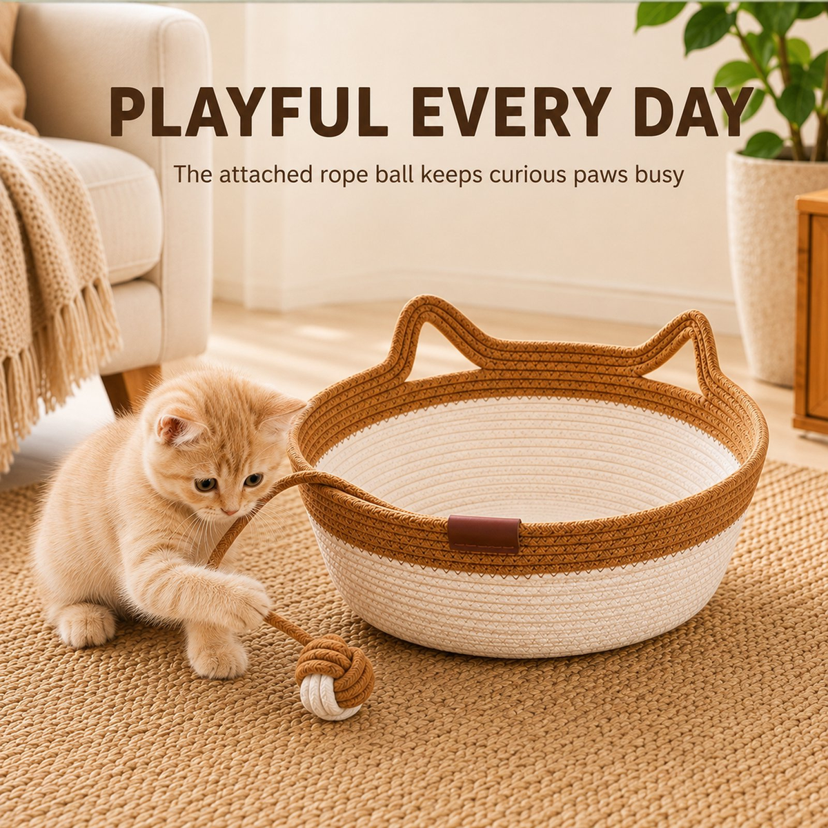 Large Round Cat Bed, Natural Wicker Cat Basket with Scratcher, Cozy Elevated Kitty Hammock for Indoor Cats, Pet Furniture