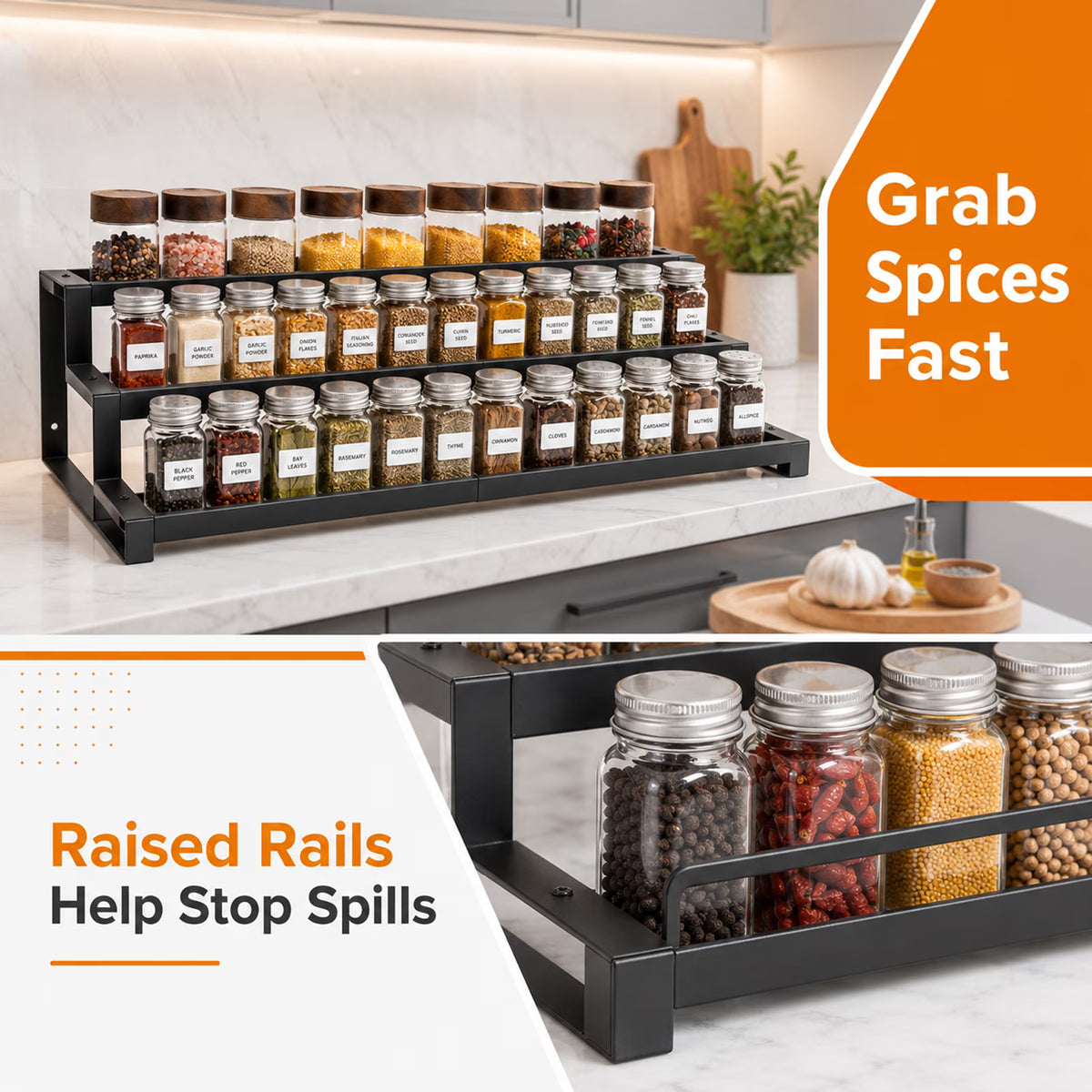 3-Tier Spice Rack Organizer for Kitchen Cabinet or Pantry, 14.5"-26.2" Expandable Metal Spice Shelf, Seasoning Organizer with Guardrails for Jars