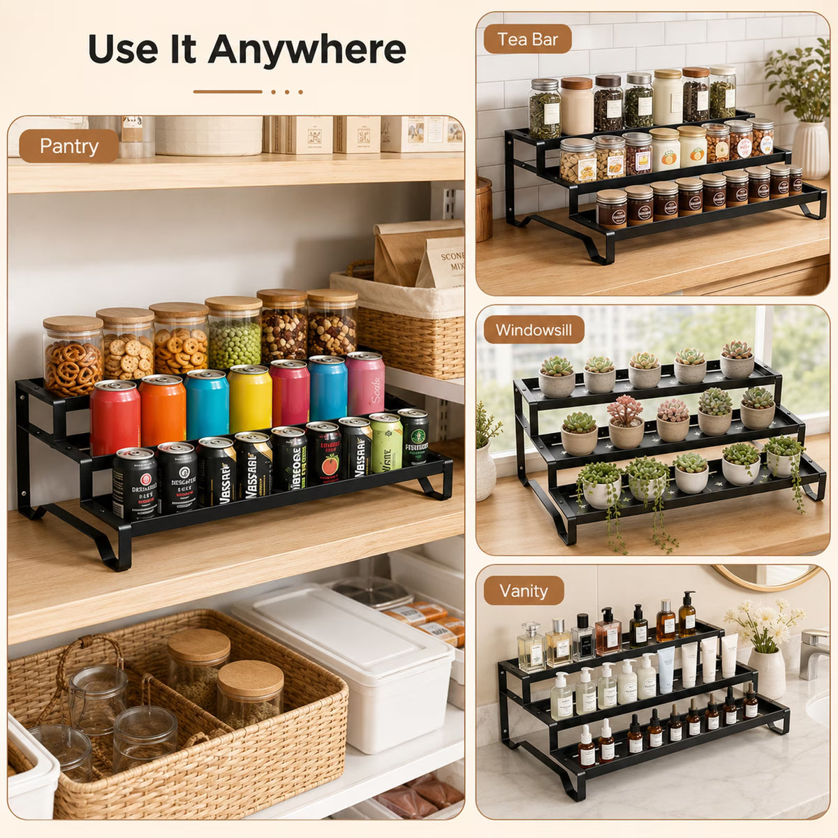 3-Tier Spice Rack Organizer for Kitchen Cabinet or Pantry, 14.5"-26.2" Expandable Metal Spice Shelf, Seasoning Organizer with Guardrails for Jars