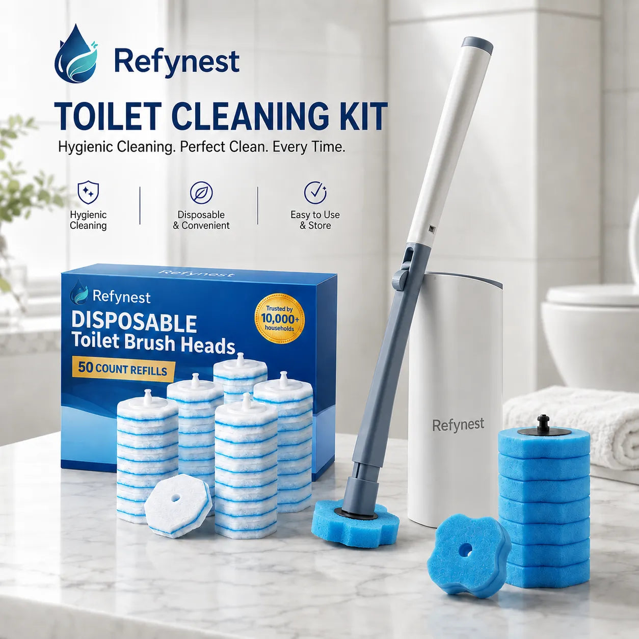 Long-Lasting Toilet Cleaning Kit – 1 Wand + 58 Refill Heads, Universal Fit