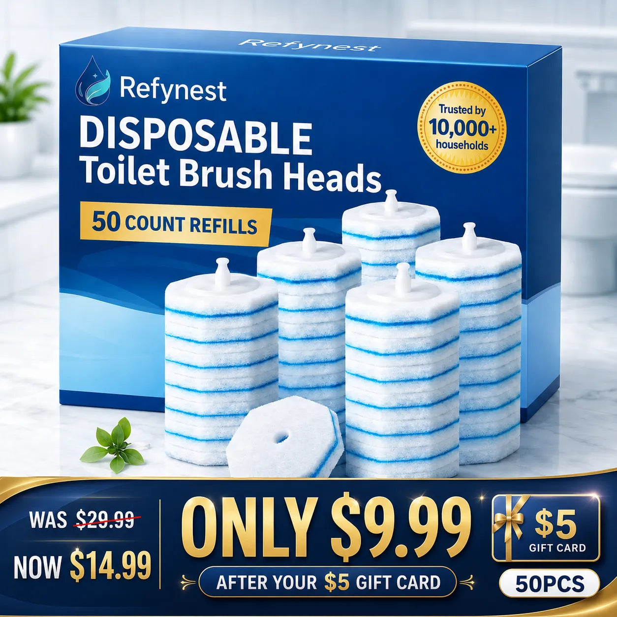 Refynest 50PC Toilet Wand Refills for Hygienic Toilet Cleaning——Gift Card Deals