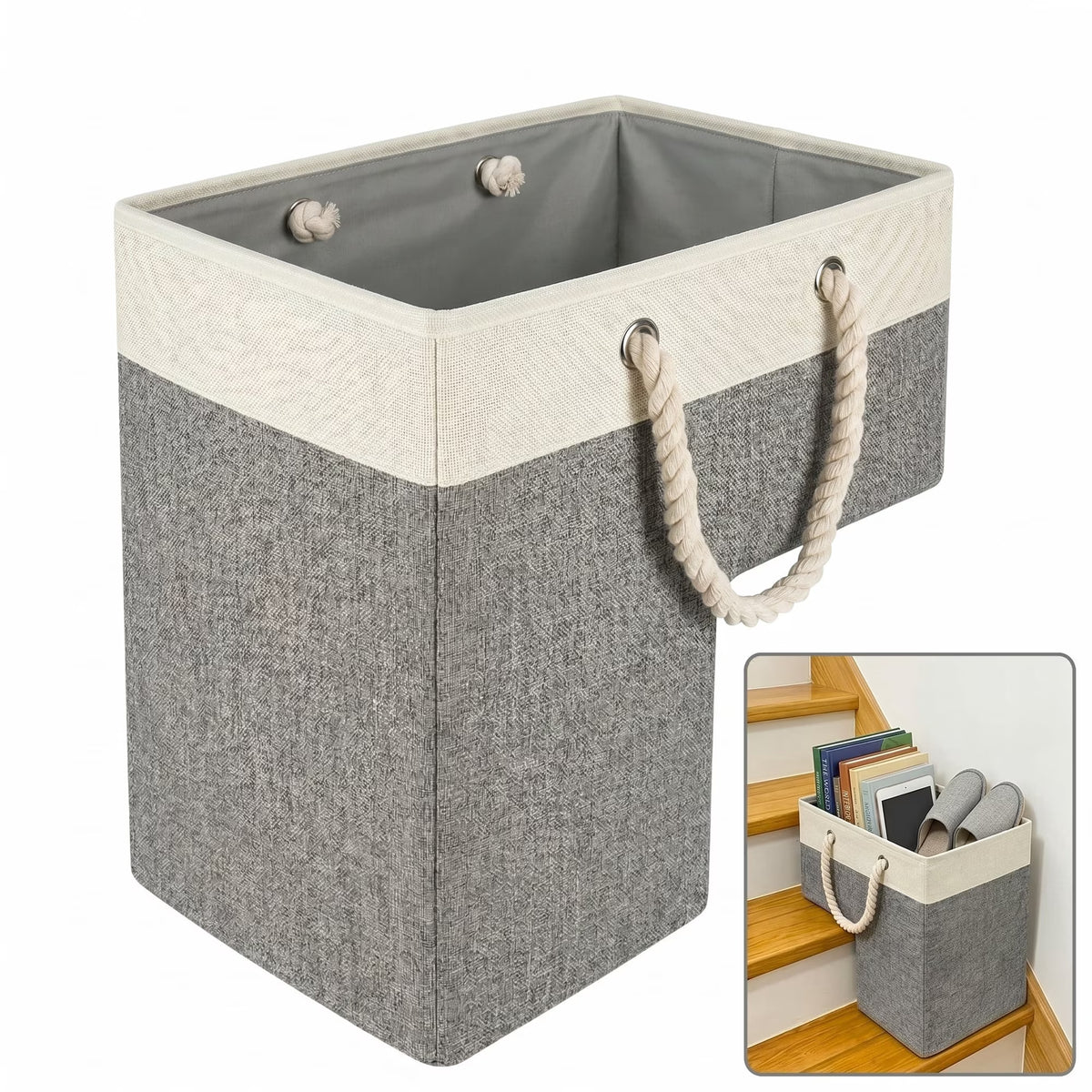 Foldable Stair Basket with Handle — 16" Fabric Storage for Toys, Clothes & Books, Grey
