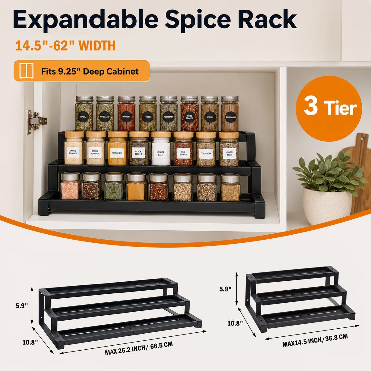 3-Tier Spice Rack Organizer for Kitchen Cabinet or Pantry, 14.5"-26.2" Expandable Metal Spice Shelf, Seasoning Organizer with Guardrails for Jars