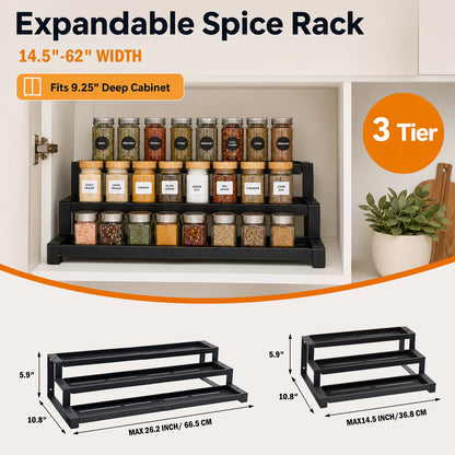 3-Tier Spice Rack Organizer for Kitchen Cabinet or Pantry, 14.5"-26.2" Expandable Metal Spice Shelf, Seasoning Organizer with Guardrails for Jars