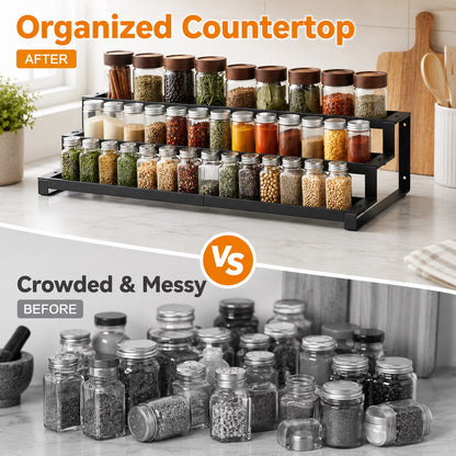 3-Tier Spice Rack Organizer for Kitchen Cabinet or Pantry, 14.5"-26.2" Expandable Metal Spice Shelf, Seasoning Organizer with Guardrails for Jars
